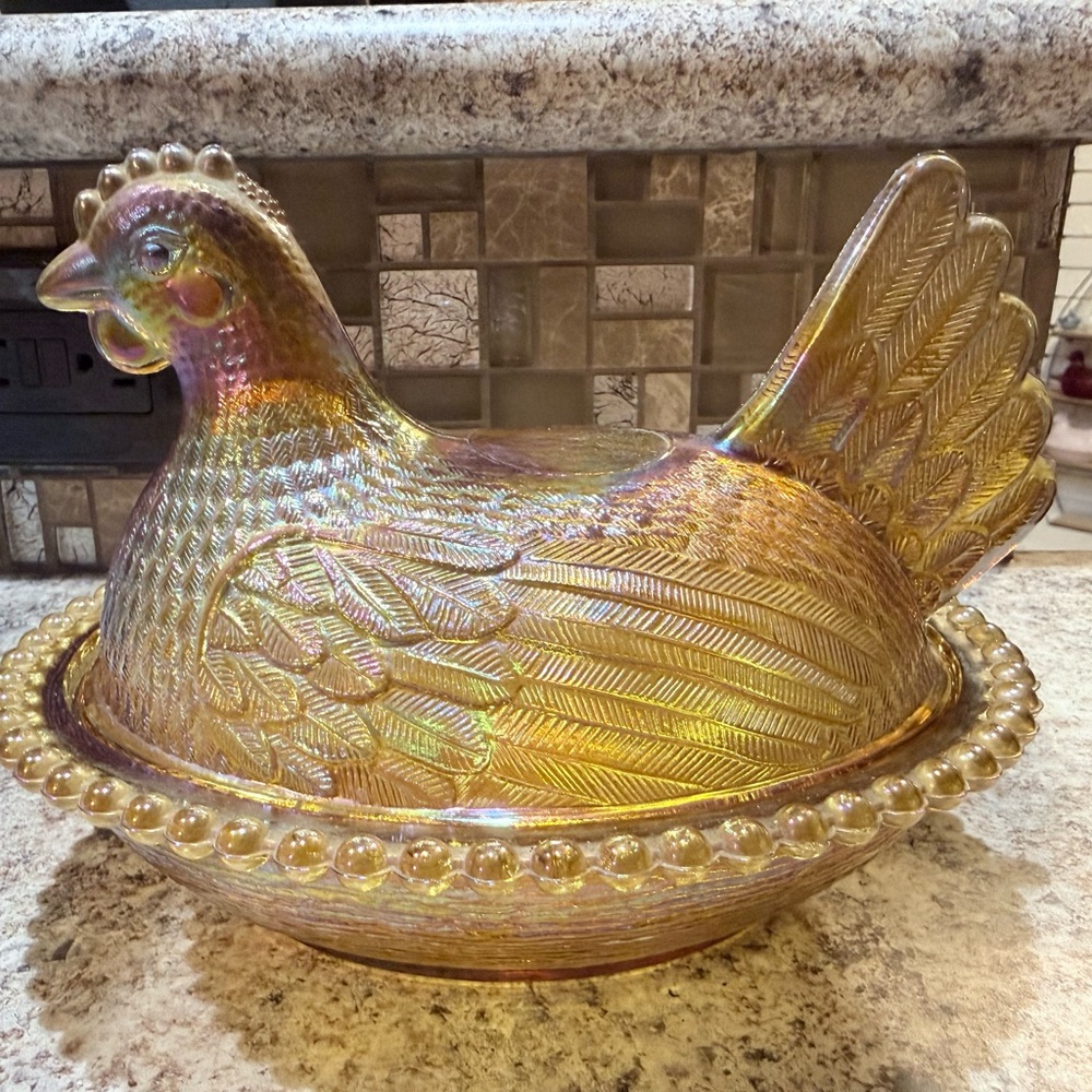 Indiana Iridescent Glass Hen on Nest